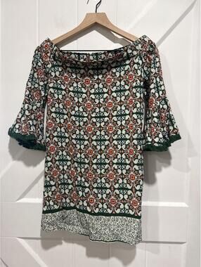 Lulus Printed Off-Shoulder Mini Dress with Fringed Bell Sleeves - Size S